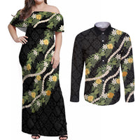 Puakenikeni Anthurium Pikake Lei Couples Matching Off Shoulder Maxi Dress and Long Sleeve Button Shirt Hawaiian Quilt Pattern