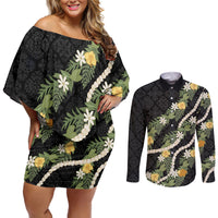Puakenikeni Anthurium Pikake Lei Couples Matching Off Shoulder Short Dress and Long Sleeve Button Shirt Hawaiian Quilt Pattern