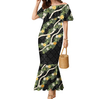Puakenikeni Anthurium Pikake Lei Family Matching Mermaid Dress and Hawaiian Shirt Hawaiian Quilt Pattern LT9 Mom's Dress Black - Polynesian Pride