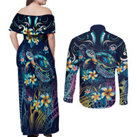Plumeria Turtles Traditional Tribal Couples Matching Off Shoulder Maxi Dress and Long Sleeve Button Shirt LT9 - Polynesian Pride