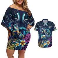 Plumeria Turtles Traditional Tribal Couples Matching Off Shoulder Short Dress and Hawaiian Shirt LT9 Black - Polynesian Pride
