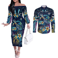 Plumeria Turtles Traditional Tribal Couples Matching Off The Shoulder Long Sleeve Dress and Long Sleeve Button Shirt LT9 Black - Polynesian Pride