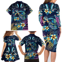 Plumeria Turtles Traditional Tribal Family Matching Long Sleeve Bodycon Dress and Hawaiian Shirt