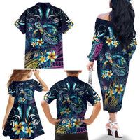 Plumeria Turtles Traditional Tribal Family Matching Off The Shoulder Long Sleeve Dress and Hawaiian Shirt