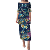 Plumeria Turtles Traditional Tribal Family Matching Puletasi and Hawaiian Shirt LT9 Mom's Dress Black - Polynesian Pride