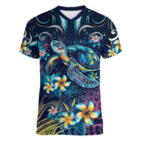 Plumeria Turtles Traditional Tribal Women V-Neck T-Shirt LT9 Female Black - Polynesian Pride