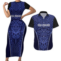 Custom Basketball New Zealand Couples Matching Short Sleeve Bodycon Dress and Hawaiian Shirt Blue Maori Ta Moko Indigenous - Polynesian Pride