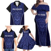 Custom Basketball New Zealand Family Matching Off Shoulder Maxi Dress and Hawaiian Shirt Blue Maori Ta Moko Indigenous - Polynesian Pride