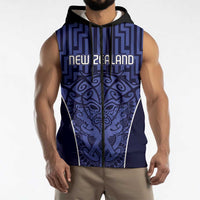 Custom Basketball New Zealand Sleeveless Zip Hoodie Blue Maori Ta Moko Indigenous LT9 - Polynesian Pride