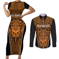 Custom Basketball New Zealand Couples Matching Short Sleeve Bodycon Dress and Long Sleeve Button Shirt Gold Maori Ta Moko Indigenous - Polynesian Pride