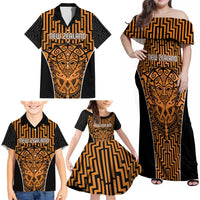 Custom Basketball New Zealand Family Matching Off Shoulder Maxi Dress and Hawaiian Shirt Gold Maori Ta Moko Indigenous - Polynesian Pride