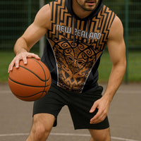 Custom Basketball New Zealand Sleeveless Hoodie Gold Maori Ta Moko Indigenous - Polynesian Pride