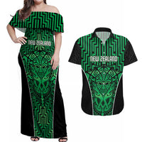 Custom Basketball New Zealand Couples Matching Off Shoulder Maxi Dress and Hawaiian Shirt Green Maori Ta Moko Indigenous - Polynesian Pride