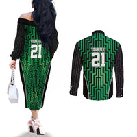 Custom Basketball New Zealand Couples Matching Off The Shoulder Long Sleeve Dress and Long Sleeve Button Shirt Green Maori Ta Moko Indigenous - Polynesian Pride