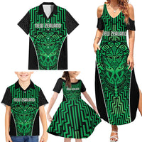 Custom Basketball New Zealand Family Matching Summer Maxi Dress and Hawaiian Shirt Green Maori Ta Moko Indigenous - Polynesian Pride