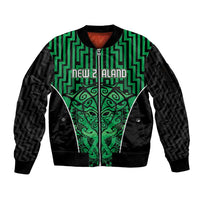 Custom Basketball New Zealand Sleeve Zip Bomber Jacket Green Maori Ta Moko Indigenous - Polynesian Pride