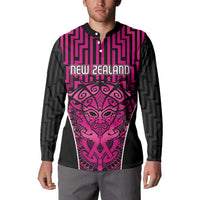 Custom Basketball New Zealand Button Sweatshirt Pink Maori Ta Moko Indigenous - Polynesian Pride