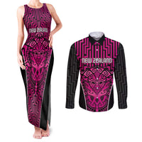 Custom Basketball New Zealand Couples Matching Tank Maxi Dress and Long Sleeve Button Shirt Pink Maori Ta Moko Indigenous - Polynesian Pride