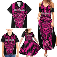 Custom Basketball New Zealand Family Matching Summer Maxi Dress and Hawaiian Shirt Pink Maori Ta Moko Indigenous - Polynesian Pride