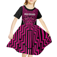 Custom Basketball New Zealand Kid Short Sleeve Dress Pink Maori Ta Moko Indigenous - Polynesian Pride