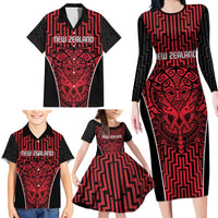 Custom Basketball New Zealand Family Matching Long Sleeve Bodycon Dress and Hawaiian Shirt Red Maori Ta Moko Indigenous - Polynesian Pride