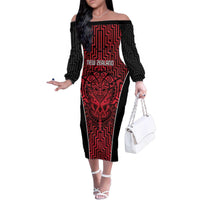 Custom Basketball New Zealand Family Matching Off The Shoulder Long Sleeve Dress and Hawaiian Shirt Red Maori Ta Moko Indigenous - Polynesian Pride