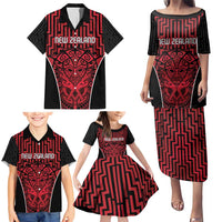 Custom Basketball New Zealand Family Matching Puletasi and Hawaiian Shirt Red Maori Ta Moko Indigenous - Polynesian Pride