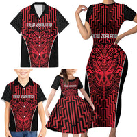 Custom Basketball New Zealand Family Matching Short Sleeve Bodycon Dress and Hawaiian Shirt Red Maori Ta Moko Indigenous - Polynesian Pride