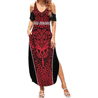 Custom Basketball New Zealand Family Matching Summer Maxi Dress and Hawaiian Shirt Red Maori Ta Moko Indigenous - Polynesian Pride
