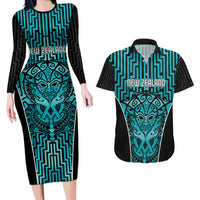 Custom Basketball New Zealand Couples Matching Long Sleeve Bodycon Dress and Hawaiian Shirt Teal Maori Ta Moko Indigenous - Polynesian Pride