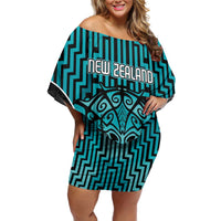 Custom Basketball New Zealand Family Matching Off Shoulder Short Dress and Hawaiian Shirt Teal Maori Ta Moko Indigenous - Polynesian Pride