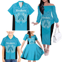 New Zealand Custom Family Matching Off The Shoulder Long Sleeve Dress and Hawaiian Shirt Fire Basketball Maori Tribal Sky Blue - Polynesian Pride