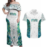 Custom New Zealand Aotearoa Couples Matching Off Shoulder Maxi Dress and Hawaiian Shirt Green Maori Paua Shell Indigenous - Polynesian Pride