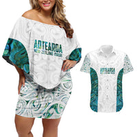 Custom New Zealand Aotearoa Couples Matching Off Shoulder Short Dress and Hawaiian Shirt Green Maori Paua Shell Indigenous - Polynesian Pride