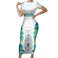 Custom New Zealand Aotearoa Family Matching Short Sleeve Bodycon Dress and Hawaiian Shirt Green Maori Paua Shell Indigenous - Polynesian Pride