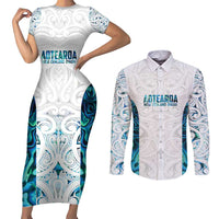 Custom New Zealand Aotearoa Couples Matching Short Sleeve Bodycon Dress and Long Sleeve Button Shirt Maori Paua Shell Indigenous - Polynesian Pride