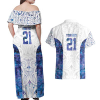 Custom New Zealand Aotearoa Couples Matching Off Shoulder Maxi Dress and Hawaiian Shirt Purple Maori Paua Shell Indigenous - Polynesian Pride