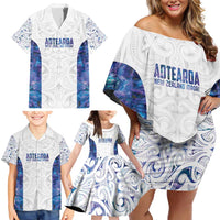 Custom New Zealand Aotearoa Family Matching Off Shoulder Short Dress and Hawaiian Shirt Purple Maori Paua Shell Indigenous LT9 - Polynesian Pride