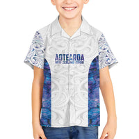 Custom New Zealand Aotearoa Family Matching Off Shoulder Short Dress and Hawaiian Shirt Purple Maori Paua Shell Indigenous LT9 Son's Shirt Purple - Polynesian Pride