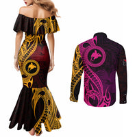 Papua New Guinea Island Couples Matching Mermaid Dress and Long Sleeve Button Shirts Bird of Paradise with Gold Polynesian Tribal LT9 - Polynesian Pride