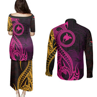 Papua New Guinea Island Couples Matching Puletasi Dress and Long Sleeve Button Shirts Bird of Paradise with Gold Polynesian Tribal LT9 - Polynesian Pride