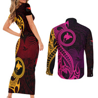 Papua New Guinea Island Couples Matching Short Sleeve Bodycon Dress and Long Sleeve Button Shirts Bird of Paradise with Gold Polynesian Tribal LT9 - Polynesian Pride