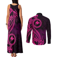 Papua New Guinea Island Couples Matching Tank Maxi Dress and Long Sleeve Button Shirts Bird of Paradise with Pink Polynesian Tribal LT9 - Polynesian Pride