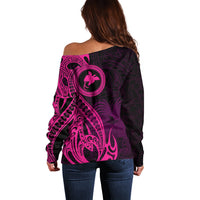 Papua New Guinea Island Off Shoulder Sweater Bird of Paradise with Pink Polynesian Tribal LT9 - Polynesian Pride