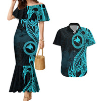Papua New Guinea Island Couples Matching Mermaid Dress and Hawaiian Shirt Bird of Paradise with Aqua Polynesian Tribal LT9 Aqua - Polynesian Pride