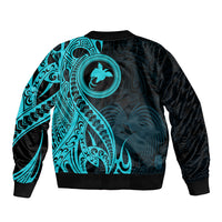 Papua New Guinea Island Sleeve Zip Bomber Jacket Bird of Paradise with Aqua Polynesian Tribal LT9 - Polynesian Pride