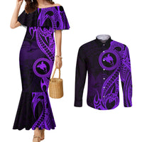 Papua New Guinea Island Couples Matching Mermaid Dress and Long Sleeve Button Shirts Bird of Paradise with Purple Polynesian Tribal LT9 Purple - Polynesian Pride