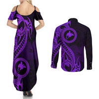 Papua New Guinea Island Couples Matching Summer Maxi Dress and Long Sleeve Button Shirts Bird of Paradise with Purple Polynesian Tribal LT9 - Polynesian Pride