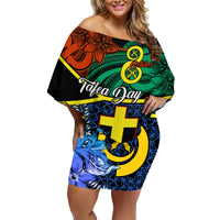 Personalised Tafea Day Family Matching Off Shoulder Short Dress and Hawaiian Shirt Vanuatu Sand Drawing With Polynesian Pattern LT9 Mom's Dress Blue - Polynesian Pride