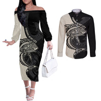 Personalised Polynesia Fishing Couples Matching Off The Shoulder Long Sleeve Dress and Long Sleeve Button Shirts With Maori Hei Matau Fish Hook Gold Art LT9 Gold - Polynesian Pride